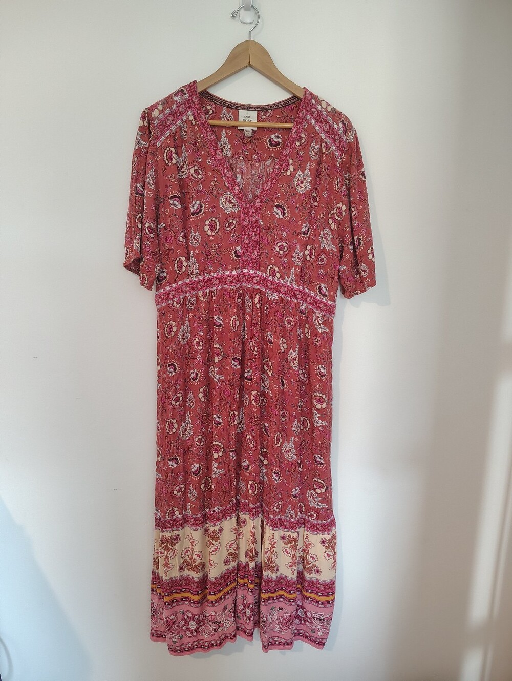 Knox Rose Boho Paisley Rust Floral Border Hem Midi Dress, Size XXL